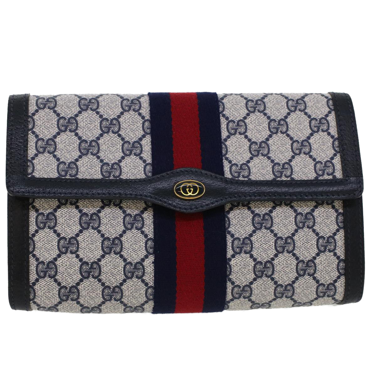 GUCCI GG Canvas Sherry Line Clutch Bag PVC Leather Gray Red Navy th3692