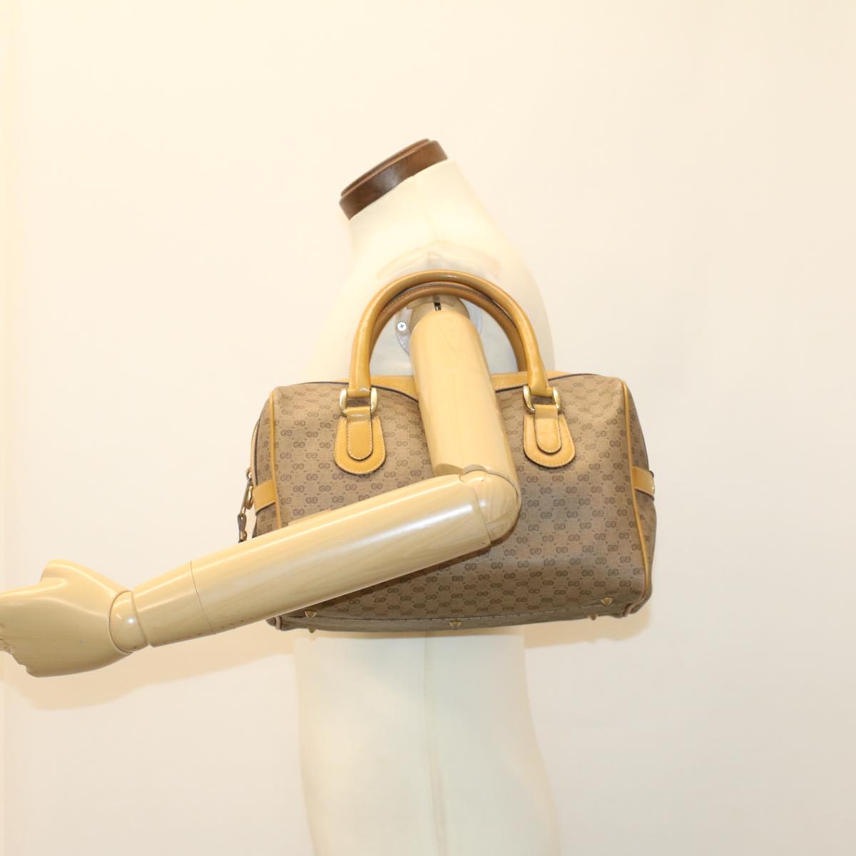 GUCCI Micro GG Canvas Boston Bag PVC Leather Beige th3903