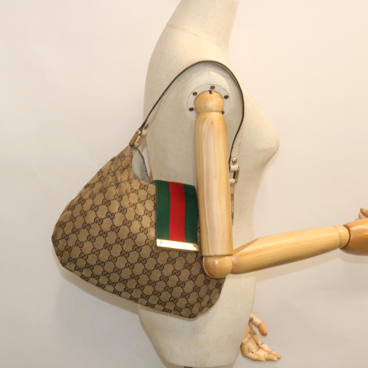 GUCCI GG Canvas Web Sherry Line Shoulder Bag Beige Red Green 211934 th3929