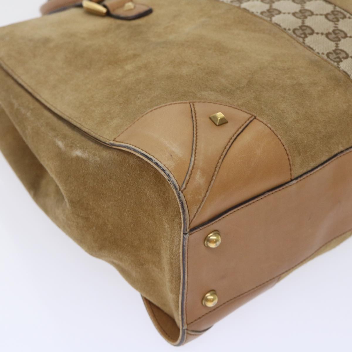 GUCCI GG Canvas Hand Bag Suede Beige 120897 th3960