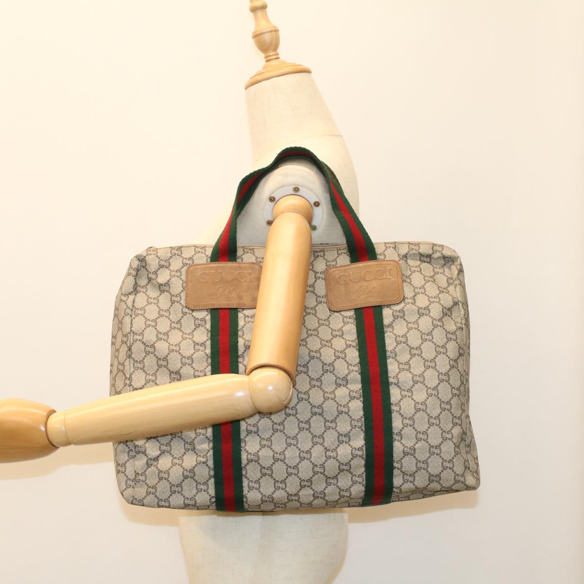 GUCCI GG Plus Canvas Web Sherry Line Hand Bag Beige Red Green th3991