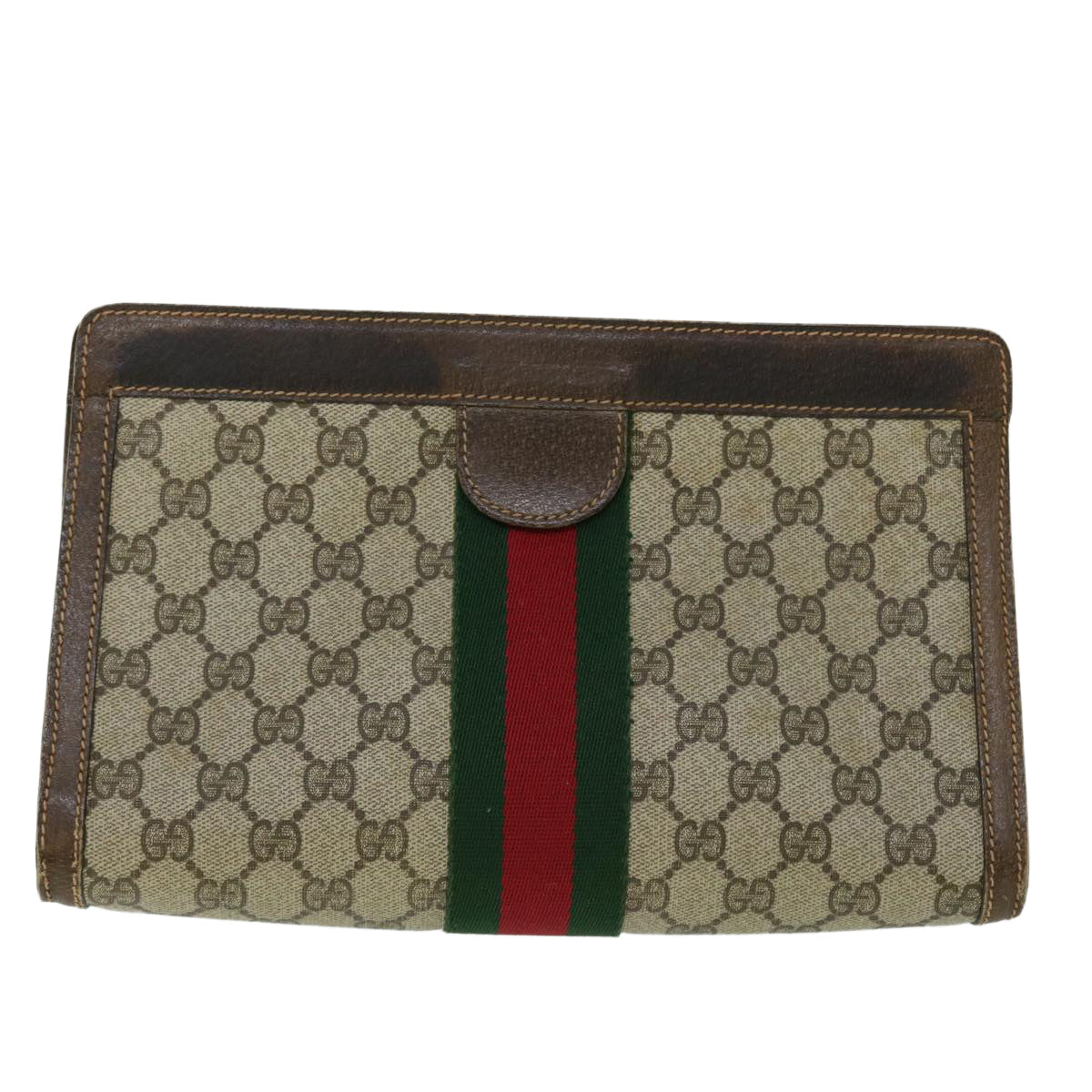 GUCCI GG Canvas Web Sherry Line Clutch Bag PVC Leather Beige Red th4012