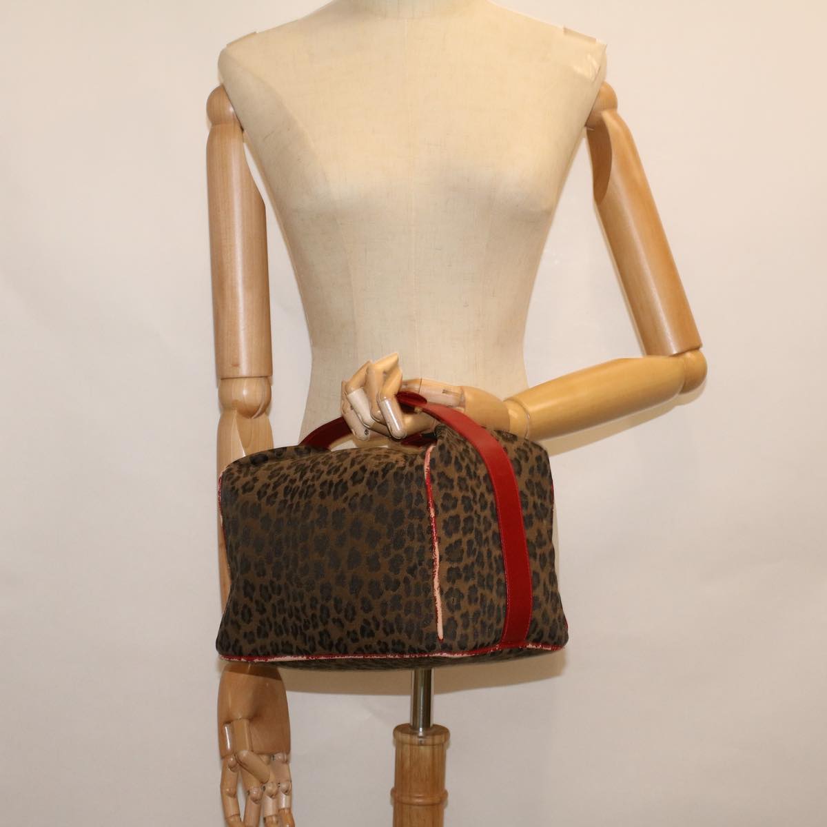 FENDI Leopard Hand Bag Nylon Brown Red th4301