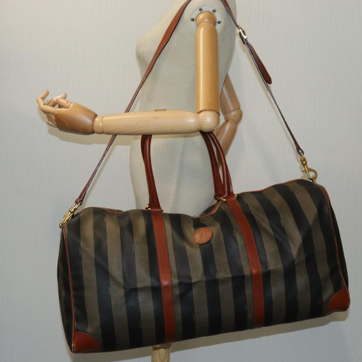 FENDI Pecan Canvas Boston Bag 2way Brown Black th4751