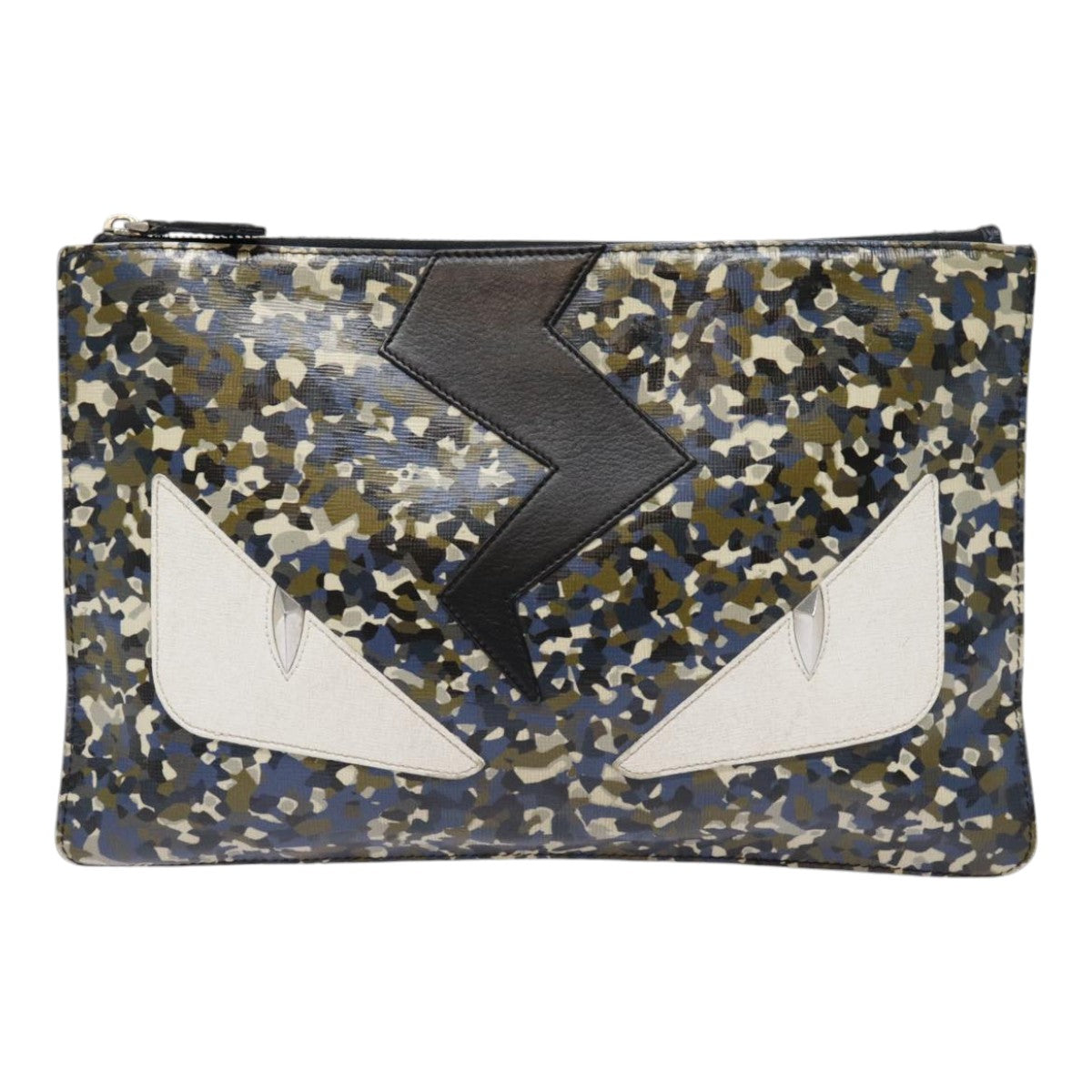 FENDI Bugs Monster Clutch Bag PVC Leather Navy Silver th5282