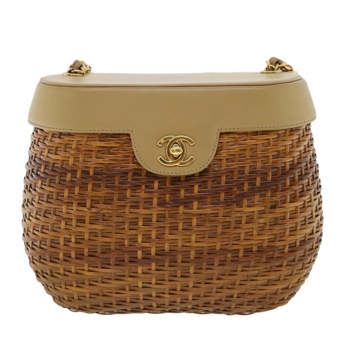 CHANEL Basket Chain Shoulder Bag Leather rattan Brown CC 31896A
