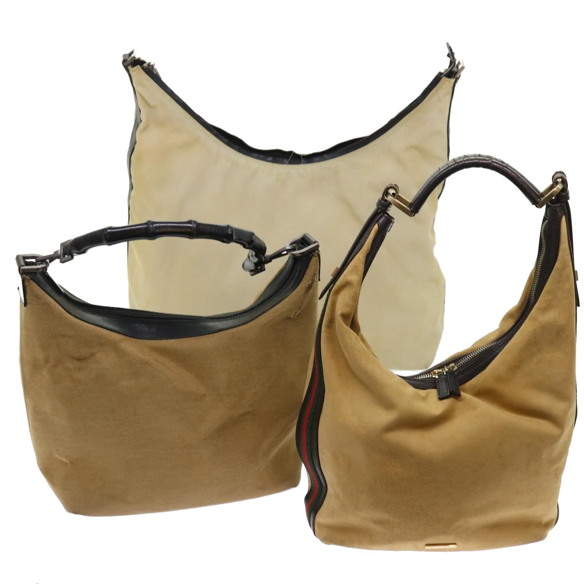 GUCCI Bamboo Web Sherry Line Shoulder Bag Nylon 3Set Beige Brown ti1191