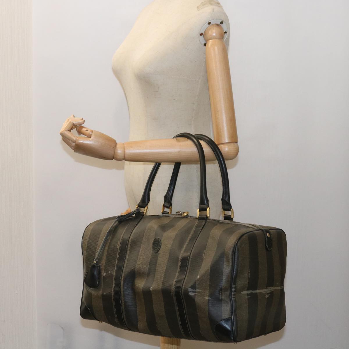 FENDI Pecan Canvas Boston Bag Black Brown ti1366