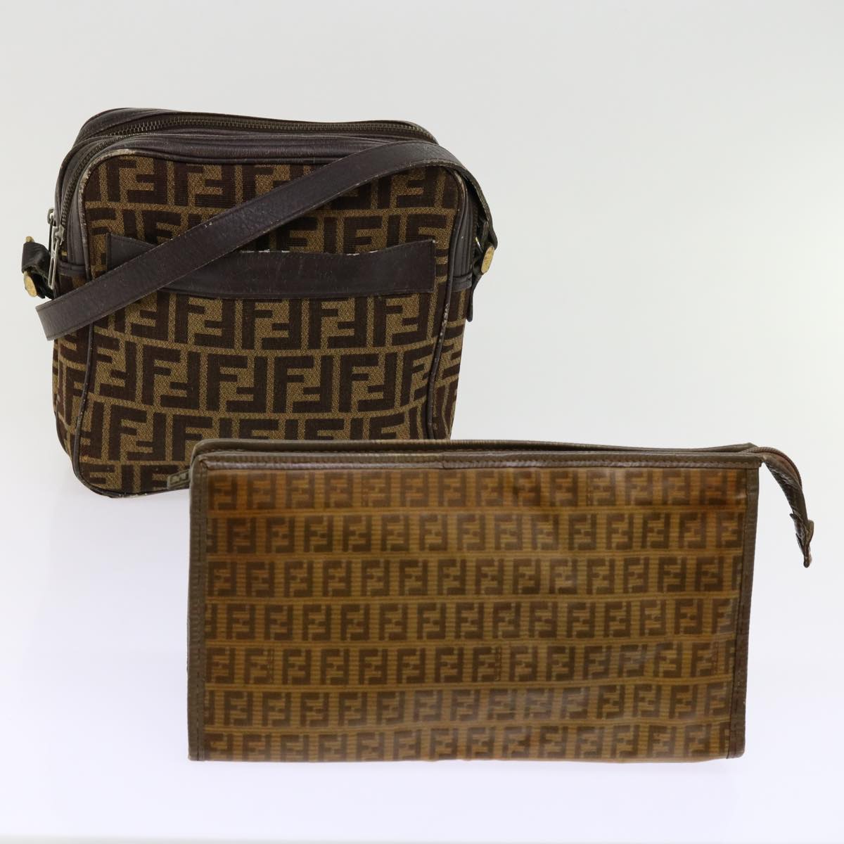 FENDI Zucca Canvas Shoulder Bag 2Set Brown Black ti1420