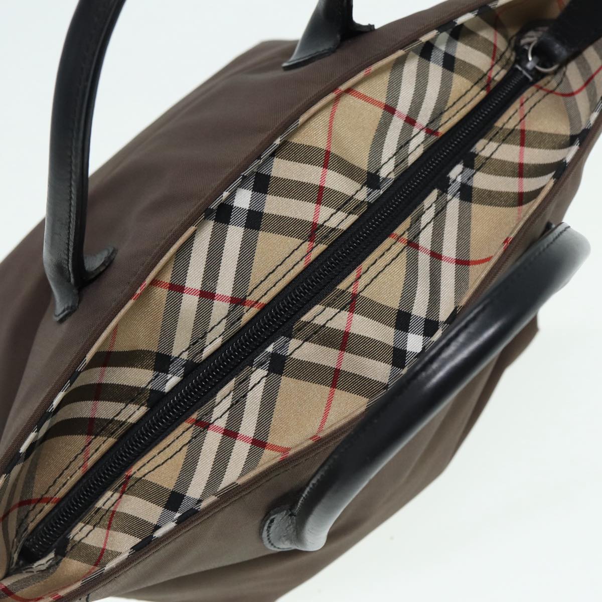 BURBERRY Nova Check Hand Bag Nylon Brown Black Silver ti1962