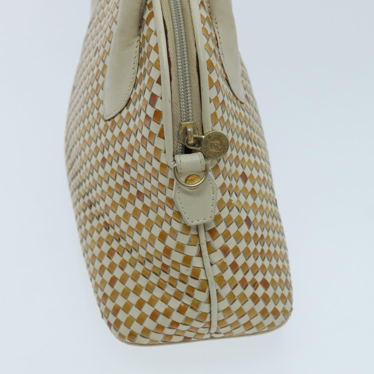 FENDI Hand Bag Leather White Brown ti2186