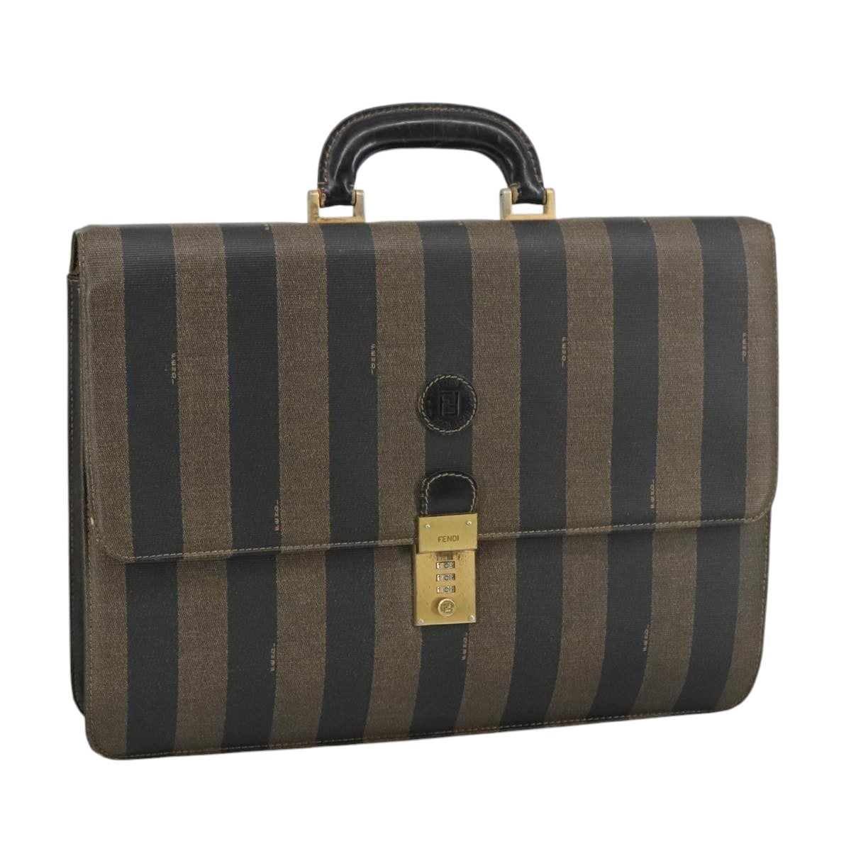 FENDI Pecan Canvas Business Bag PVC Leather Brown Black Gold ti2321