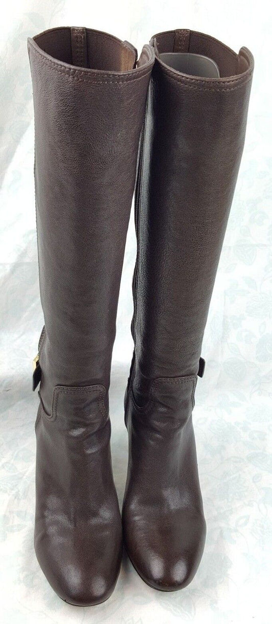 Tory Burch Brown Leather Gold Buckle High Heel Knee High Boots