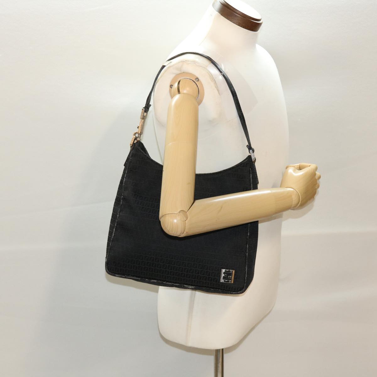 FENDI Zucchino Canvas Shoulder Bag Black yb237