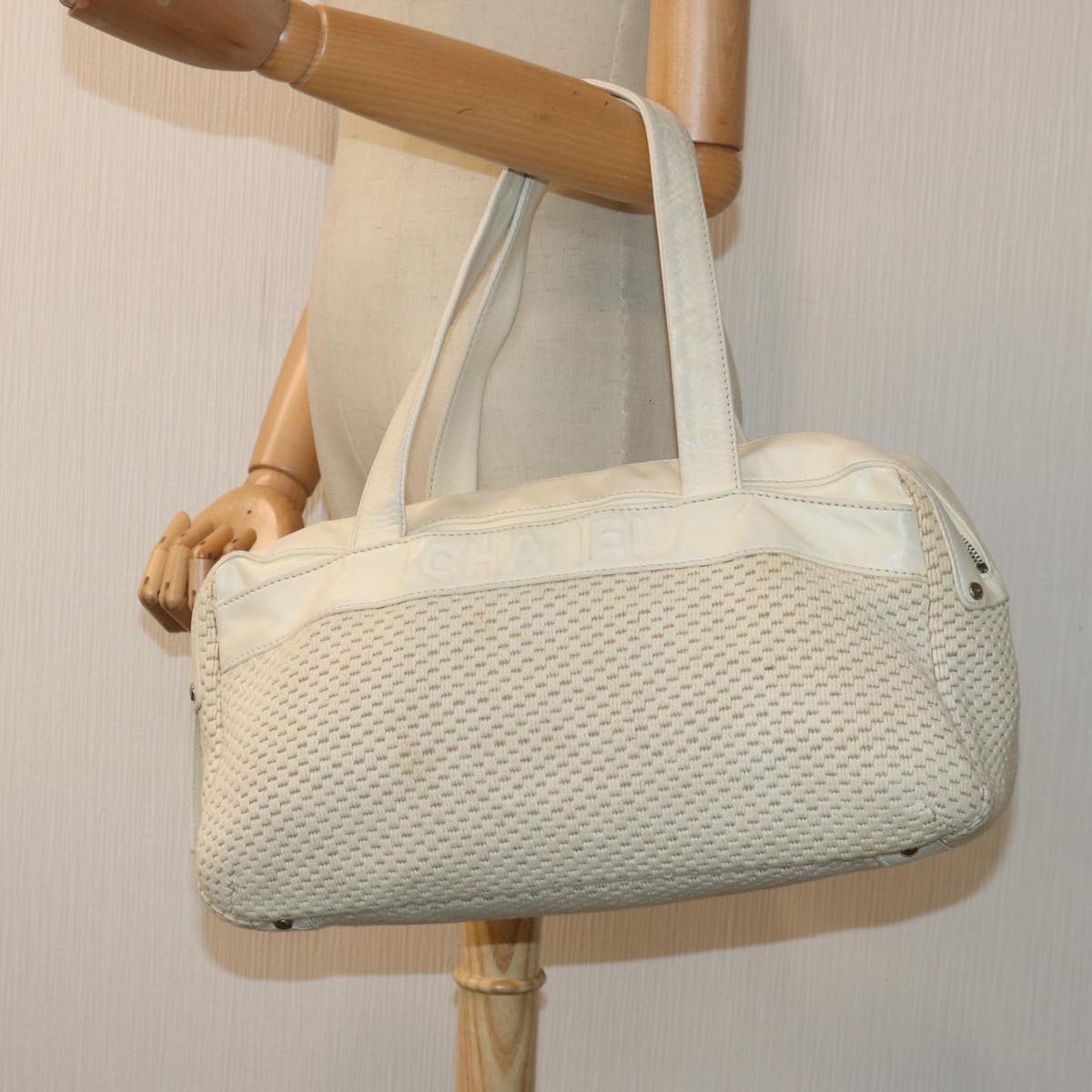 CHANEL Hand Bag Canvas Leather Beige CC yb619