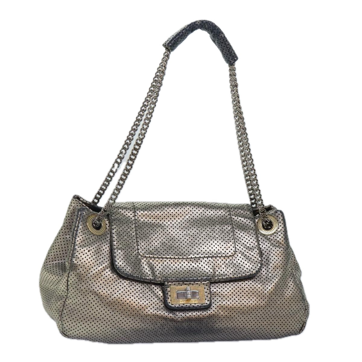 CHANEL Punching Turn Lock Chain Shoulder Bag Leather Silver Gold CC yb673