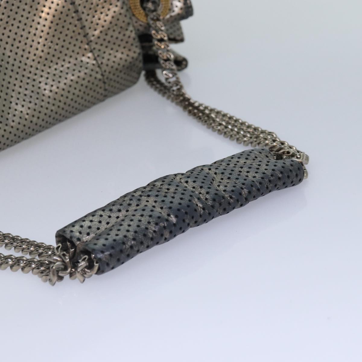 CHANEL Punching Turn Lock Chain Shoulder Bag Leather Silver Gold CC yb673