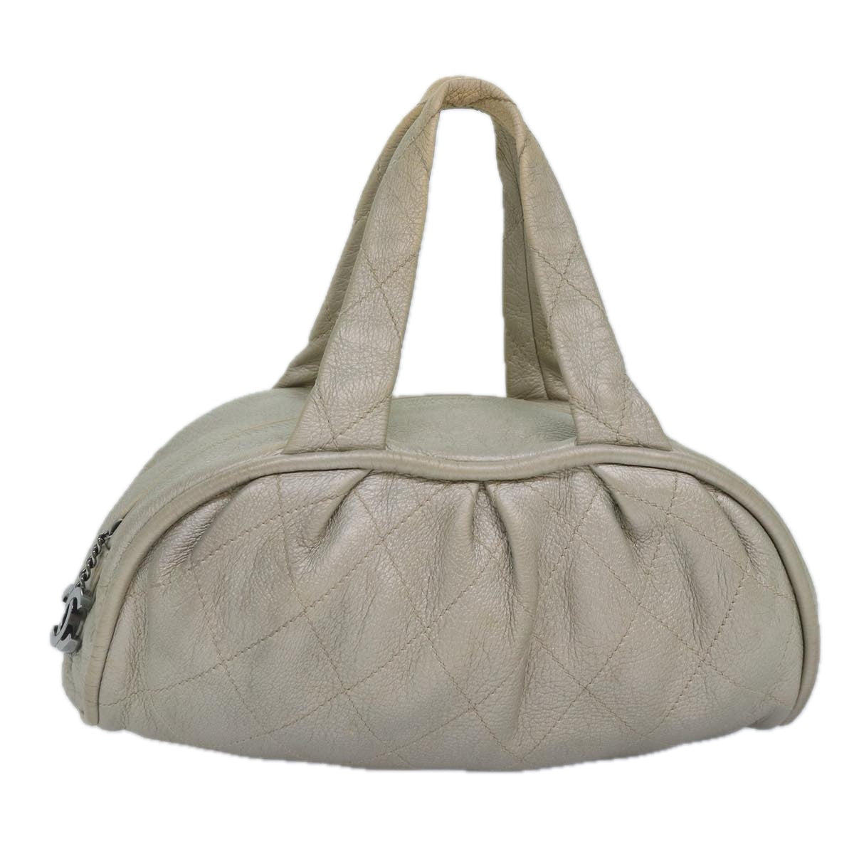 CHANEL Matelasse Hand Bag Leather Silver CC yb675