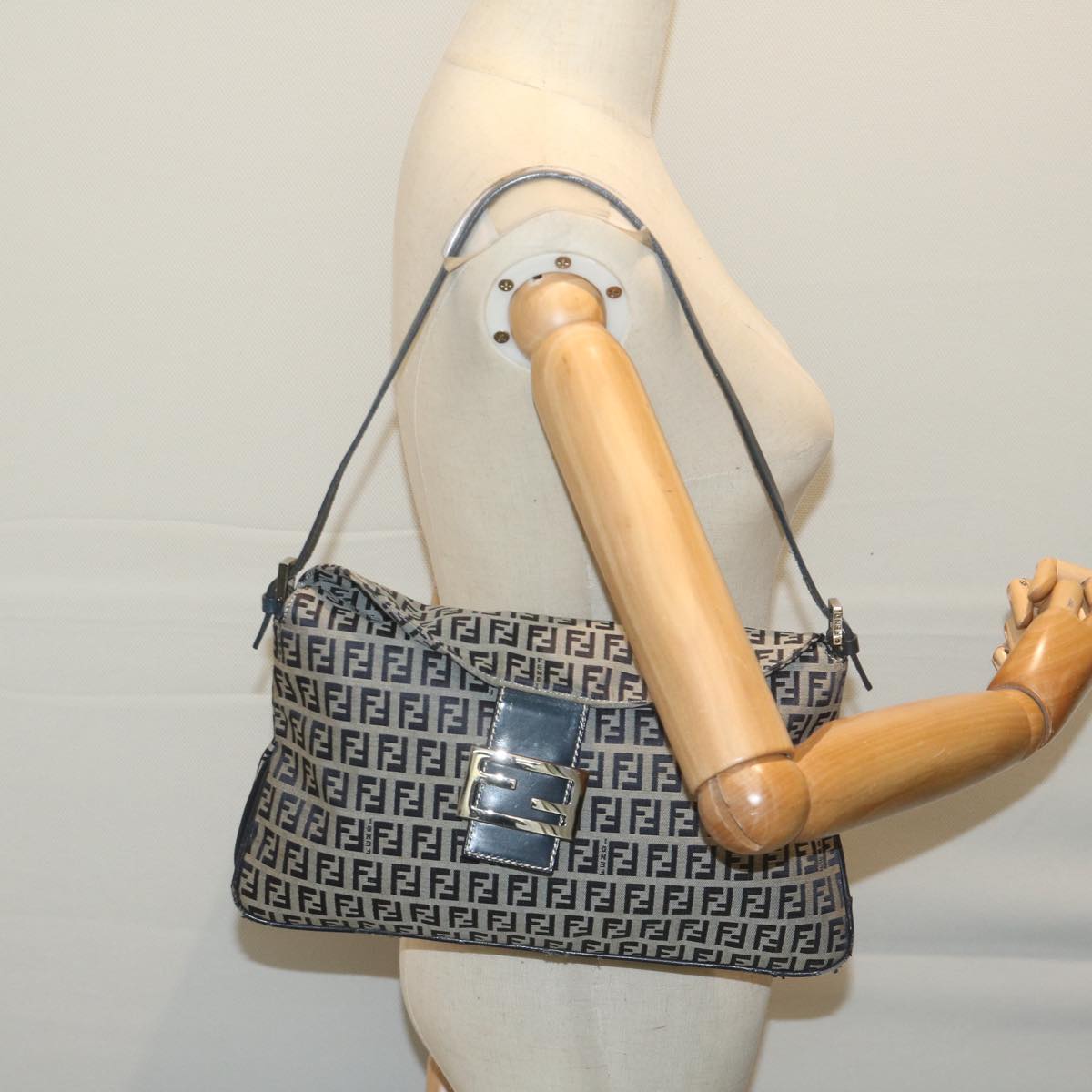 FENDI Zucchino Canvas Mamma Baguette Shoulder Bag Navy yk10215