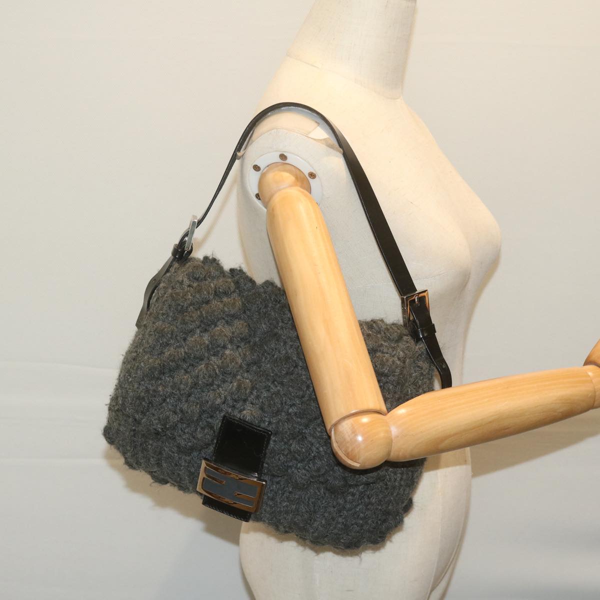 FENDI Mamma Baguette Shoulder Bag Wool Gray yk10246