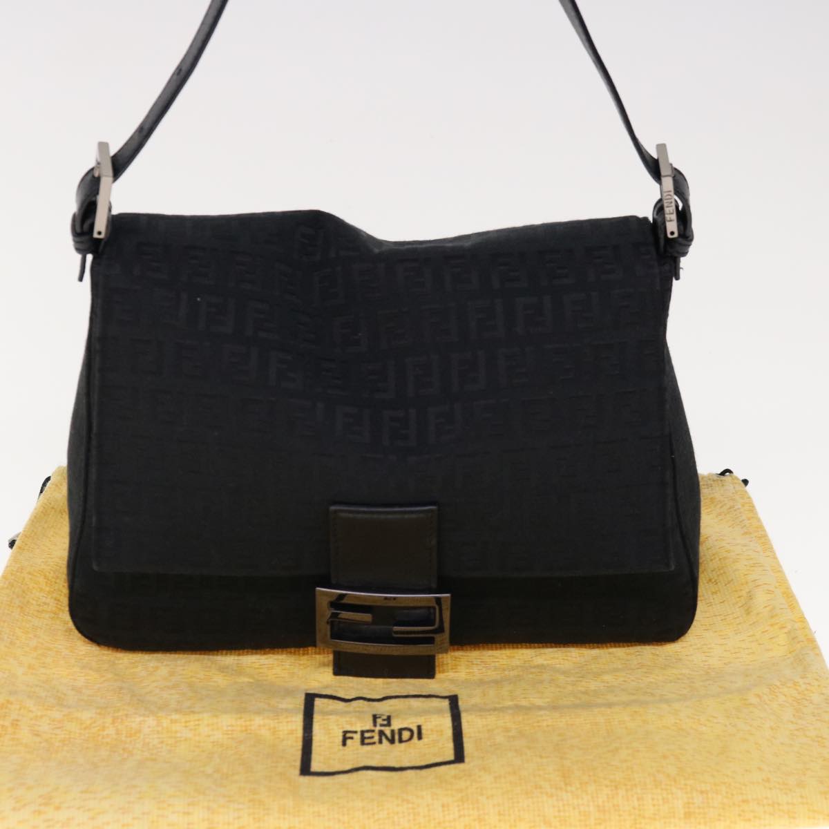 FENDI Zucchino Canvas Mamma Baguette Shoulder Bag Black yk10291