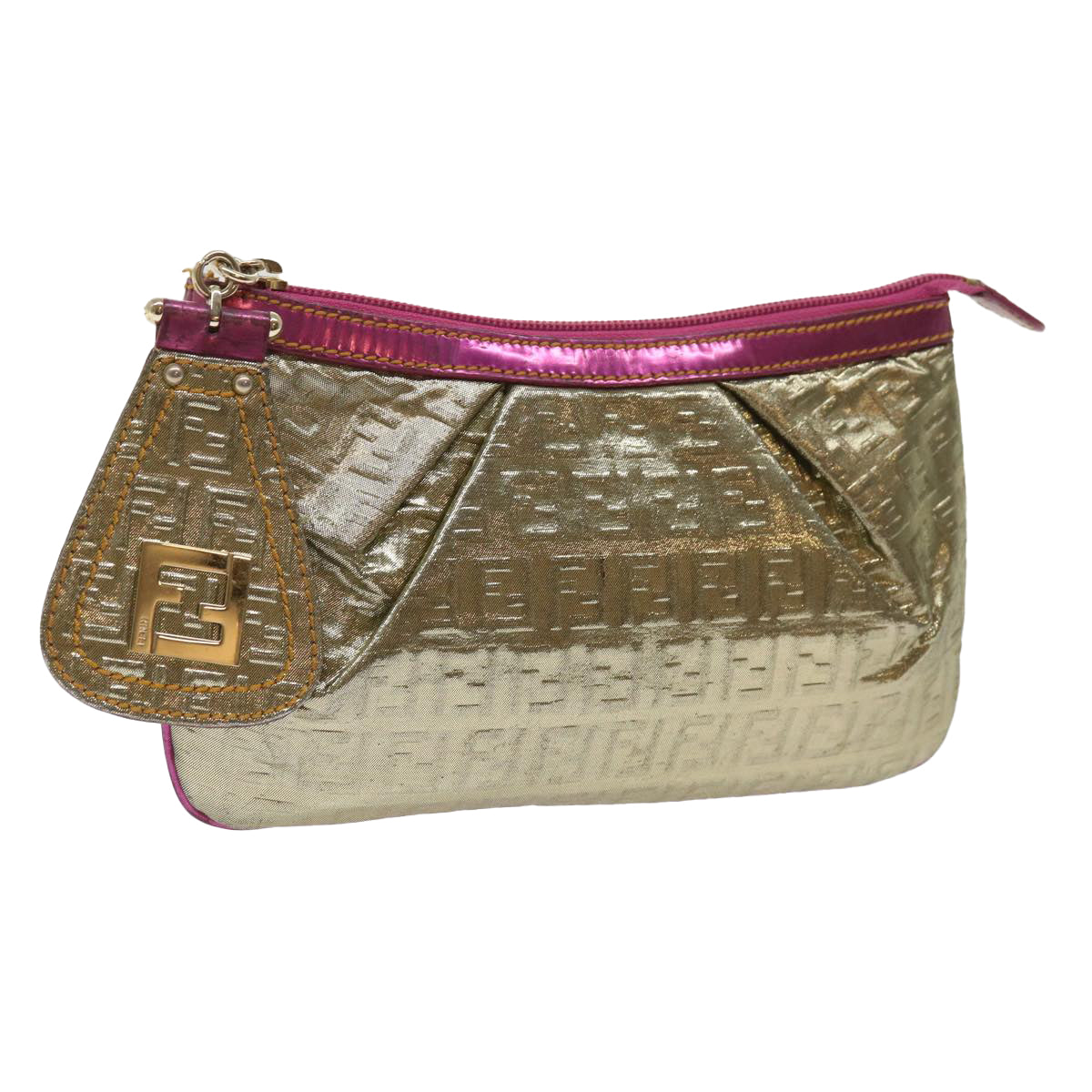FENDI Zucchino Canvas Shoulder Bag Nylon Gold Pink yk10293