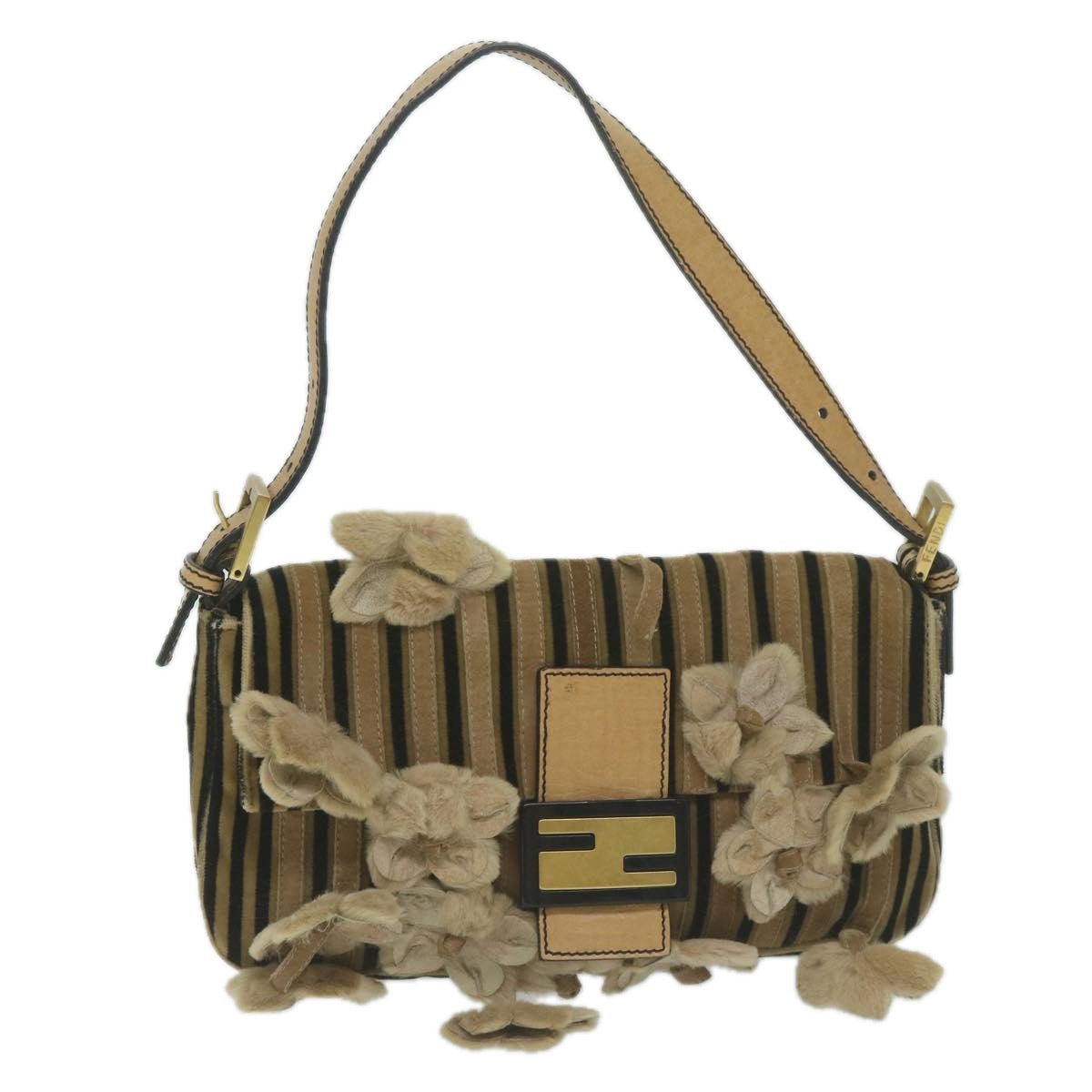 FENDI Flower Mamma Baguette Shoulder Bag Velor Brown yk10365