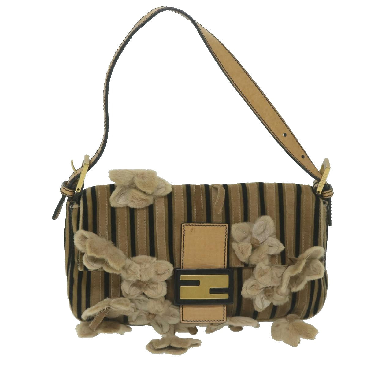 FENDI Flower Mamma Baguette Shoulder Bag Velor Brown yk10365