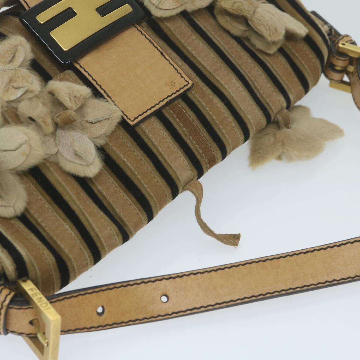 FENDI Flower Mamma Baguette Shoulder Bag Velor Brown yk10365