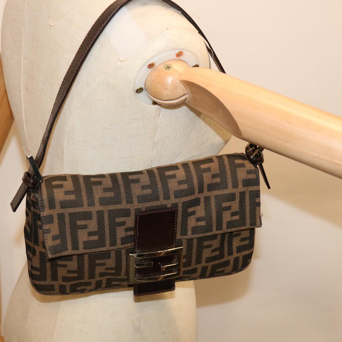 FENDI Zucca Canvas Mamma Baguette Shoulder Bag Brown Black yk10477