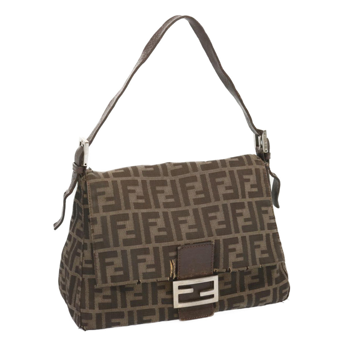 FENDI Zucca Canvas Mamma Baguette Shoulder Bag Black Brown