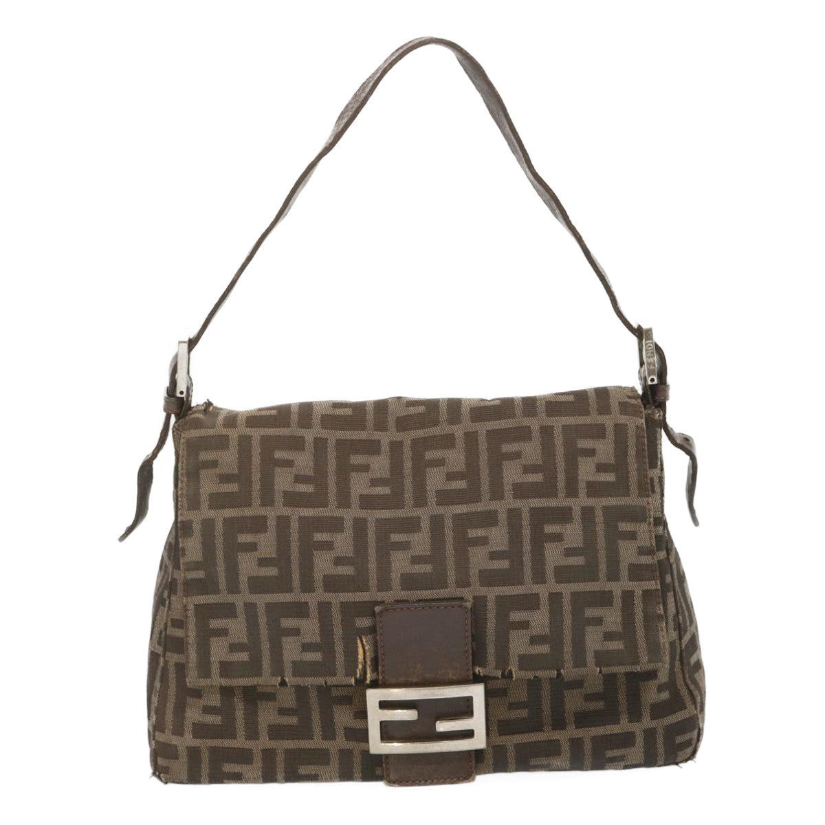 FENDI Zucca Canvas Mamma Baguette Shoulder Bag Black Brown