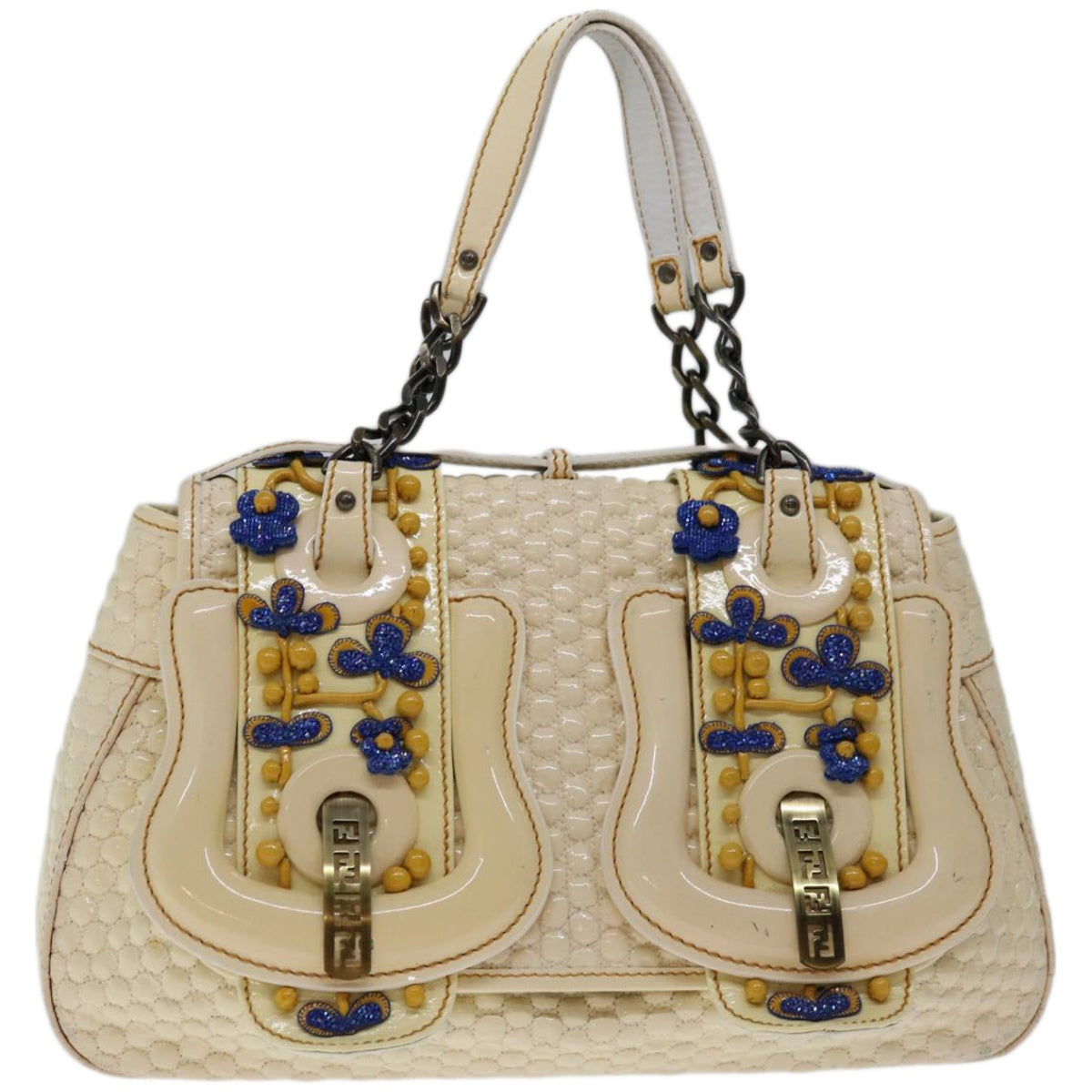 FENDI Chain Hand Bag Patent leather Beige yk10972