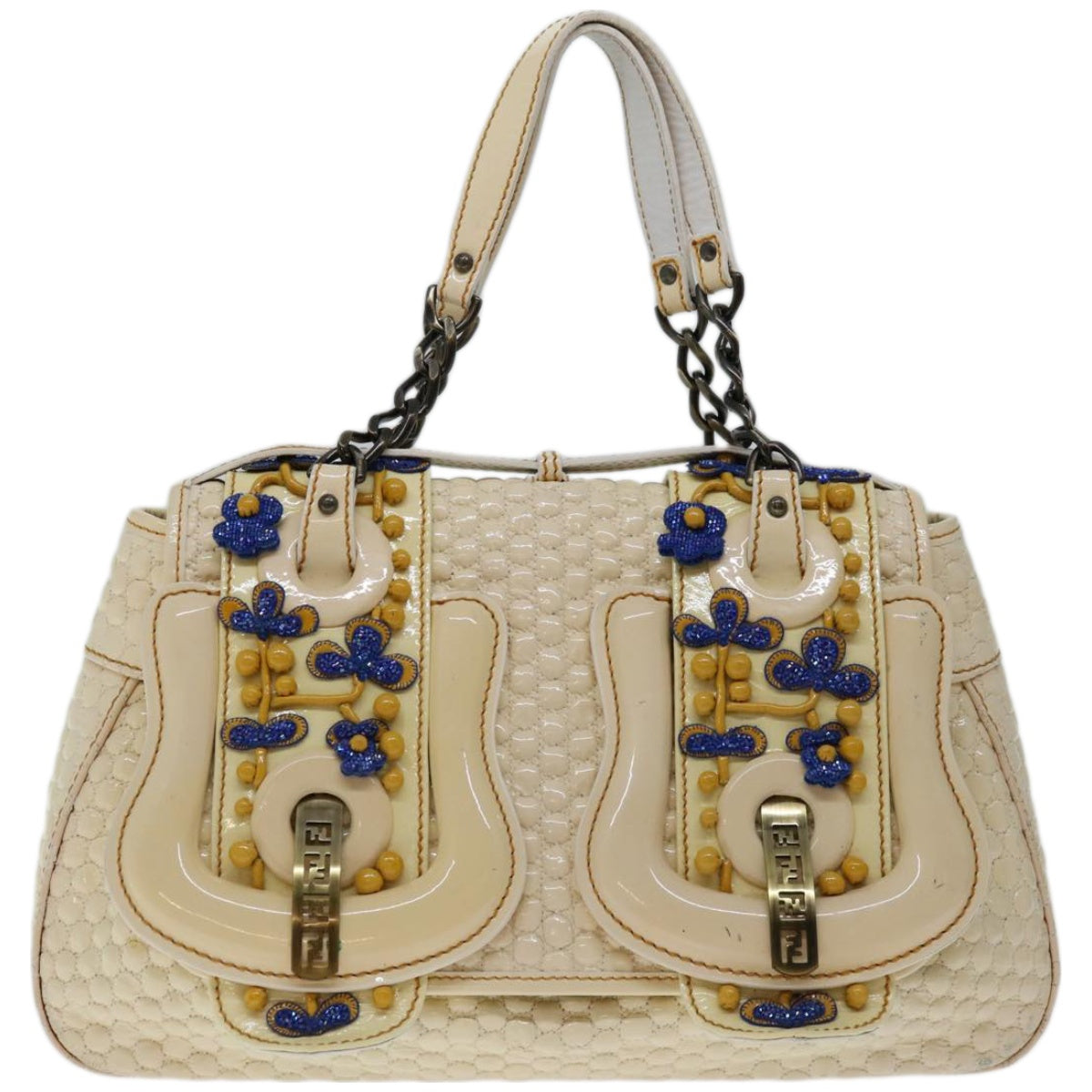 FENDI Chain Hand Bag Patent leather Beige yk10972