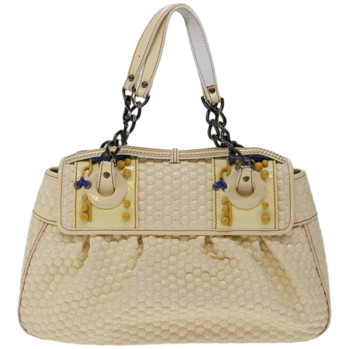 FENDI Chain Hand Bag Patent leather Beige yk10972