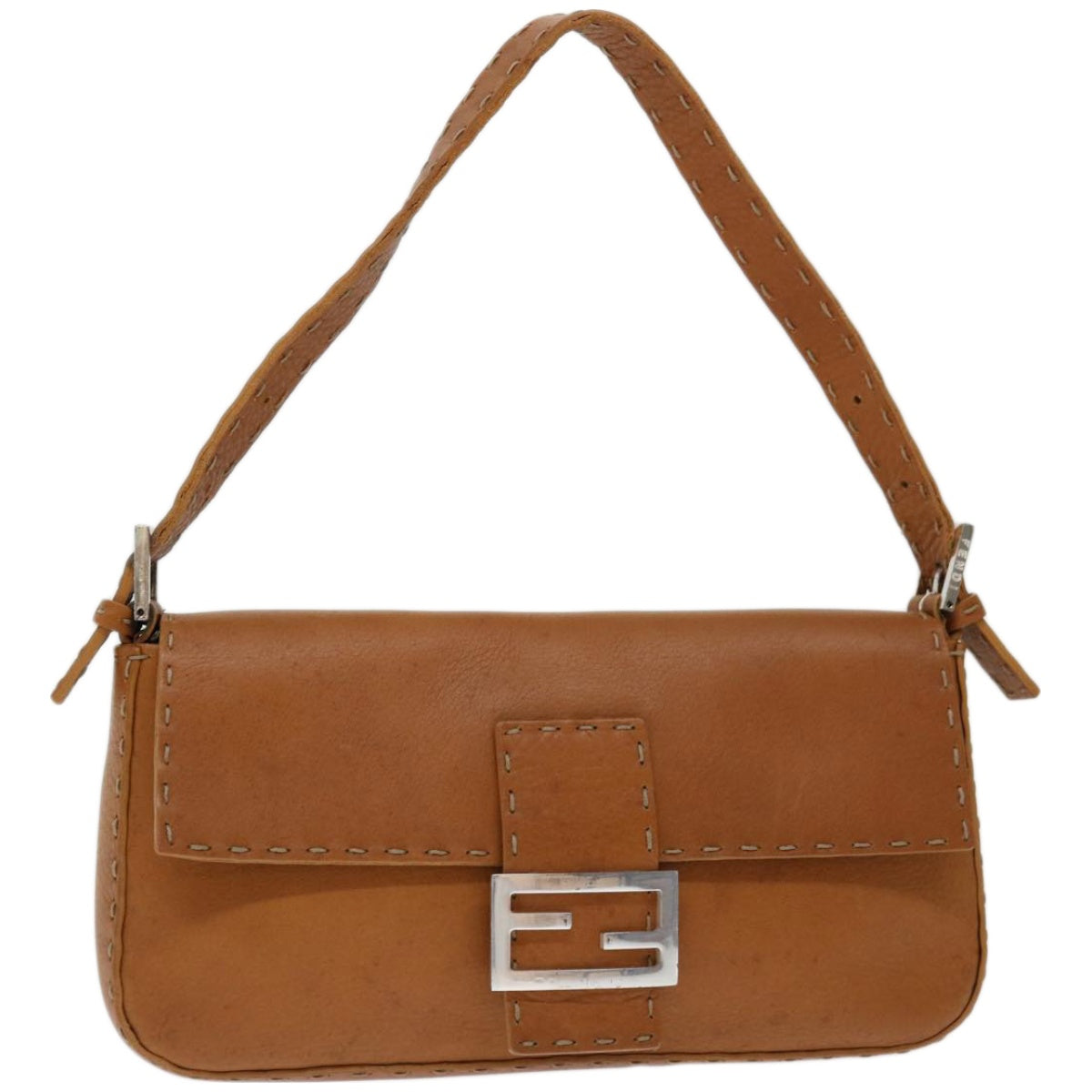 FENDI Celeria Mamma Baguette Shoulder Bag Leather Brown yk10979