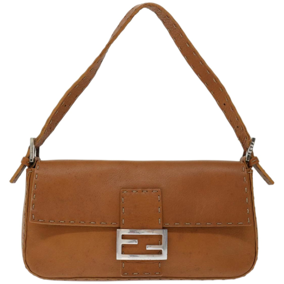 FENDI Celeria Mamma Baguette Shoulder Bag Leather Brown yk10979