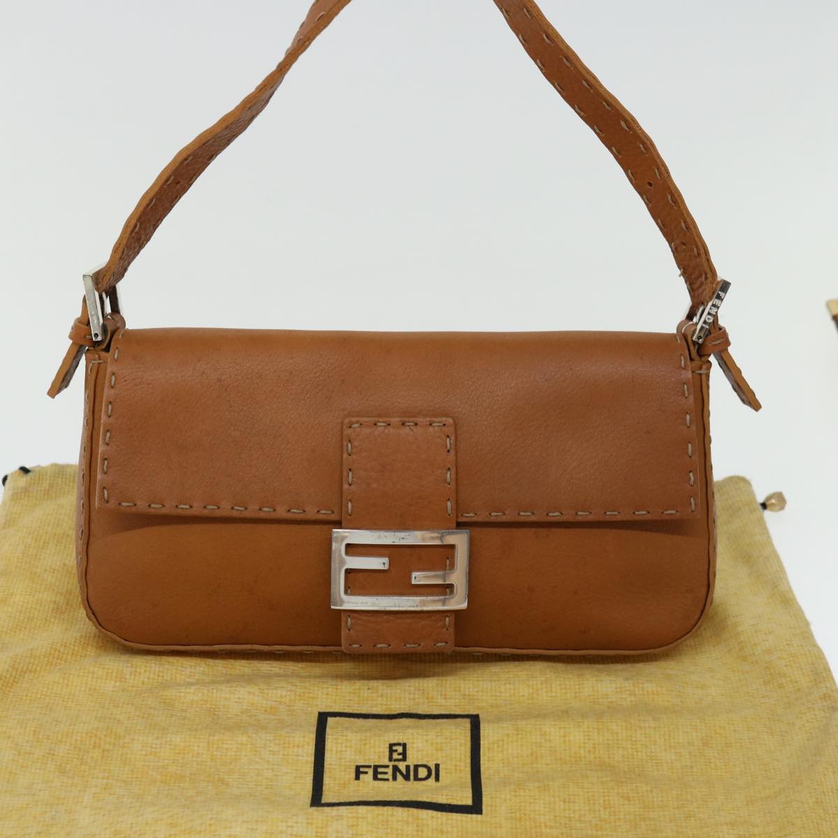 FENDI Celeria Mamma Baguette Shoulder Bag Leather Brown yk10979