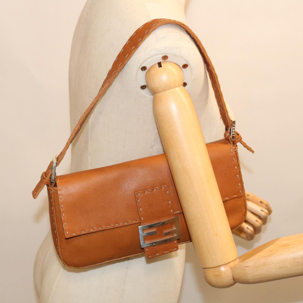 FENDI Celeria Mamma Baguette Shoulder Bag Leather Brown yk10979