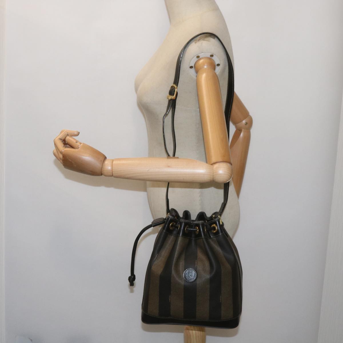 FENDI Pecan Canvas Shoulder Bag Brown Black
