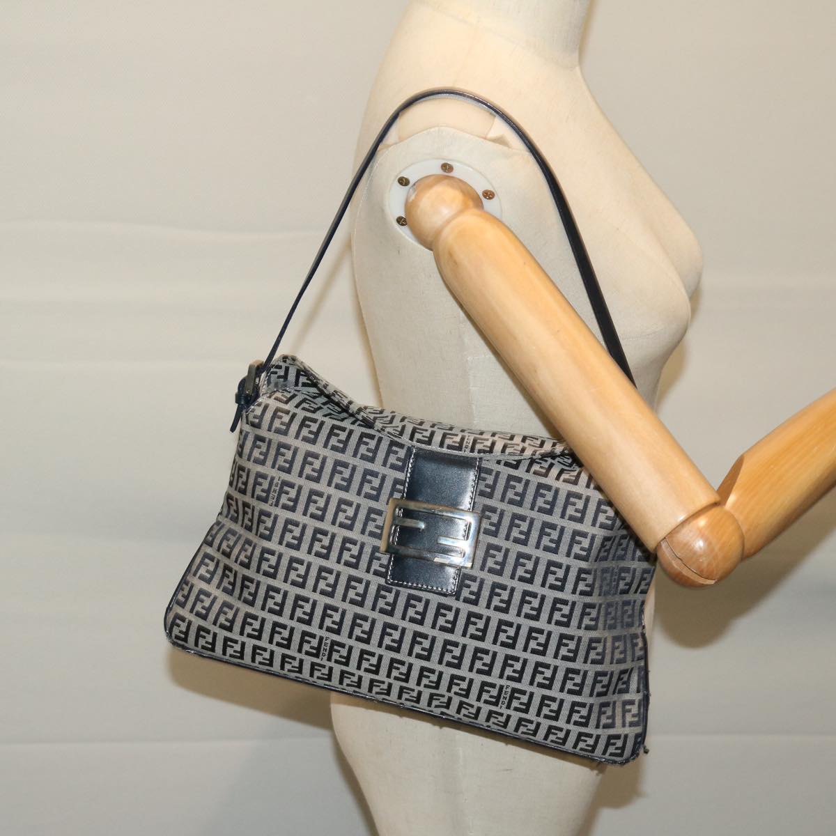 FENDI Zucchino Canvas Mamma Baguette Shoulder Bag Navy yk11046