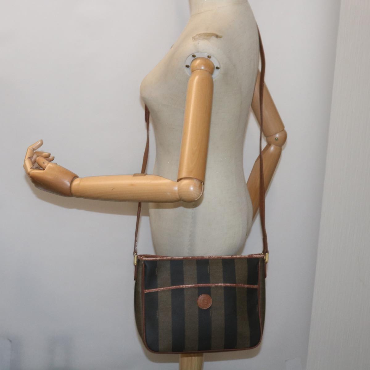 FENDI Pecan Canvas Shoulder Bag Brown Black yk11276