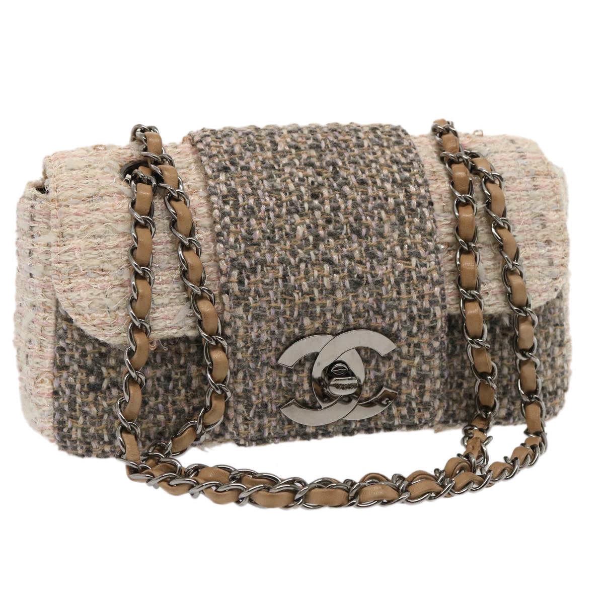 CHANEL Turn Lock Chain COCO Mark Shoulder Bag tweed Pink CC yk12015A