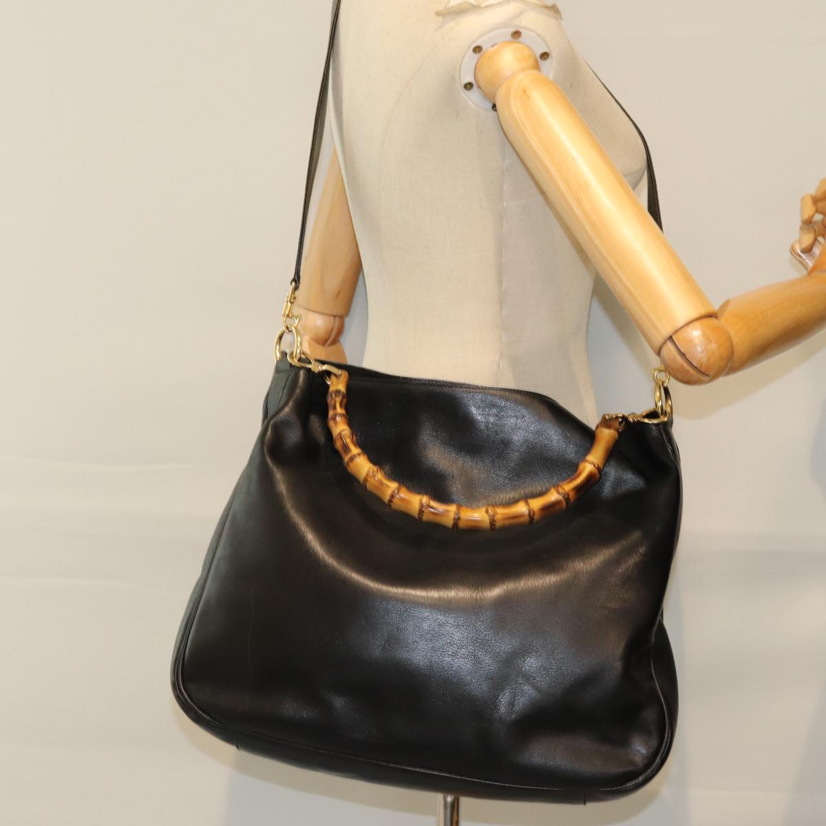 GUCCI Bamboo Hand Bag Leather 2way Black 001 1577 yk12406