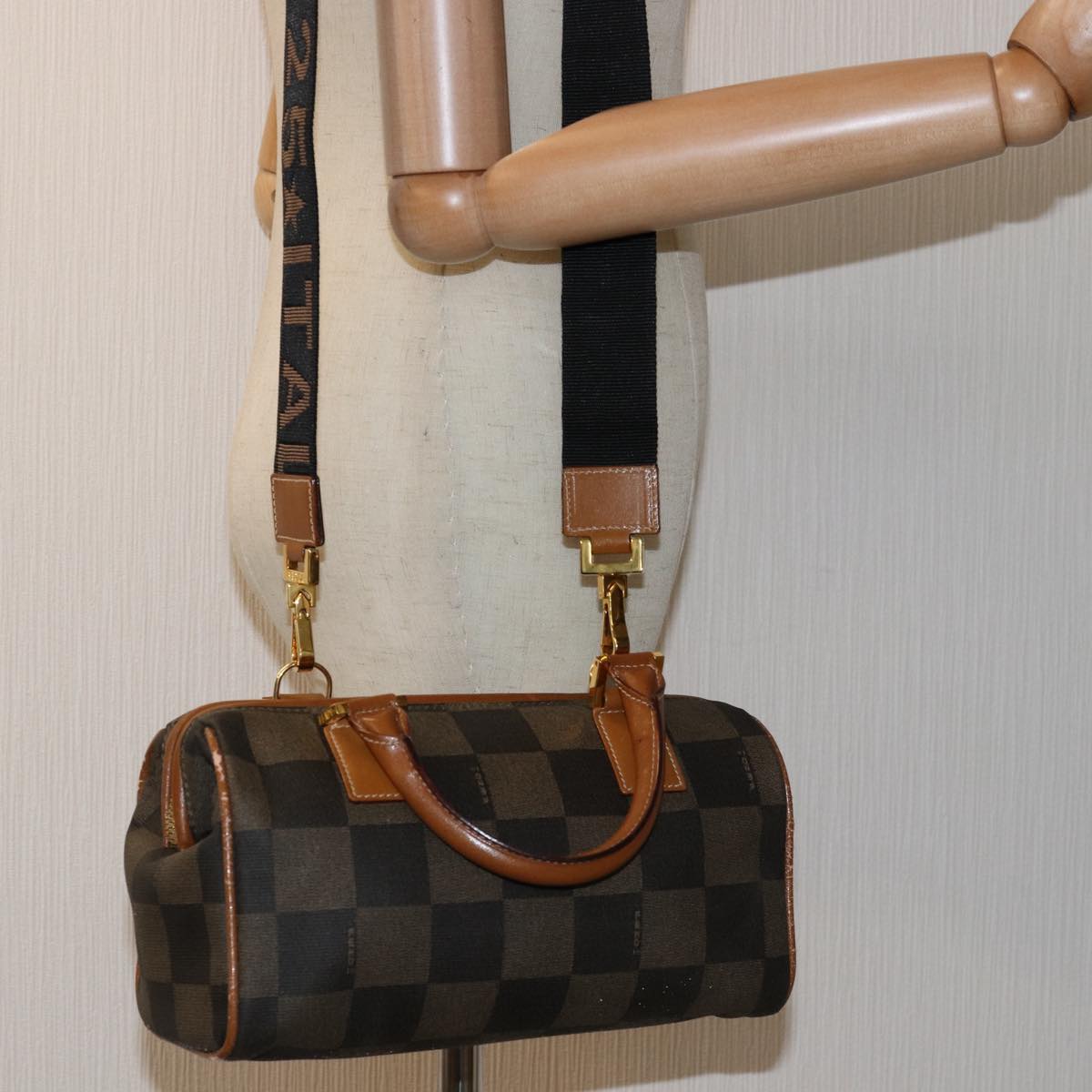 FENDI Pecan Canvas Hand Bag 2way Brown Black yk12478