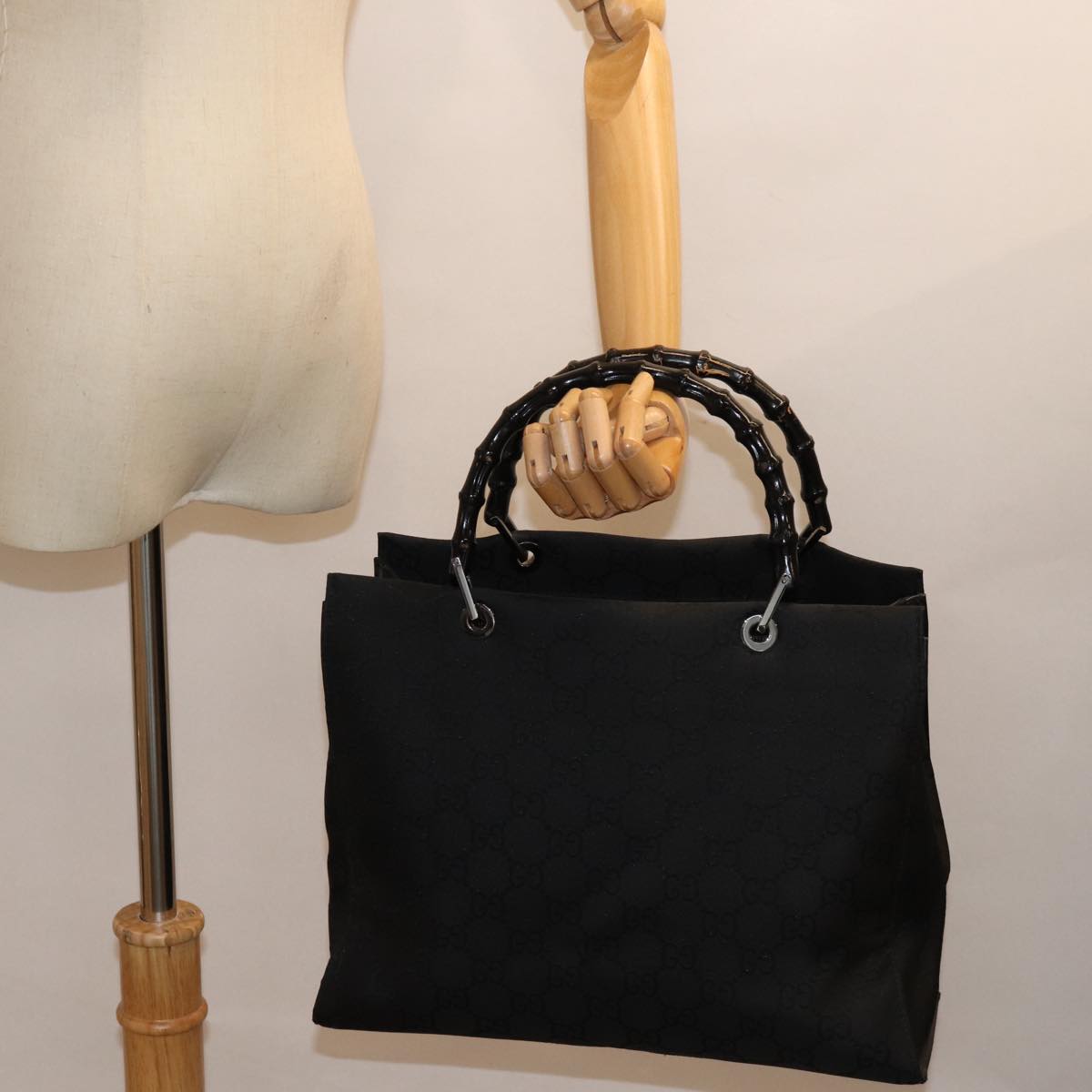 GUCCI Bamboo GG Canvas Hand Bag Black 002 1010 yk12489