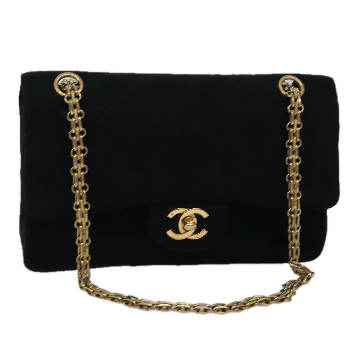 CHANEL Matelasse Turn Lock Chain Bag Cotton Vintage Black CC yk13023