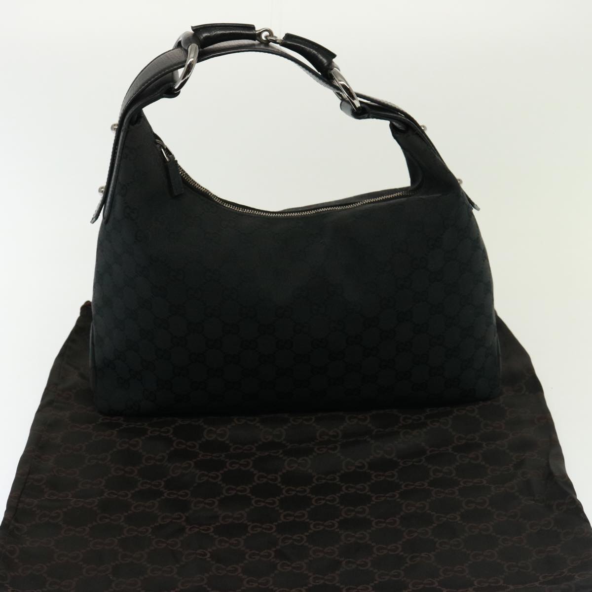 GUCCI GG Canvas Horsebit Shoulder Bag Black 115867 yk13263