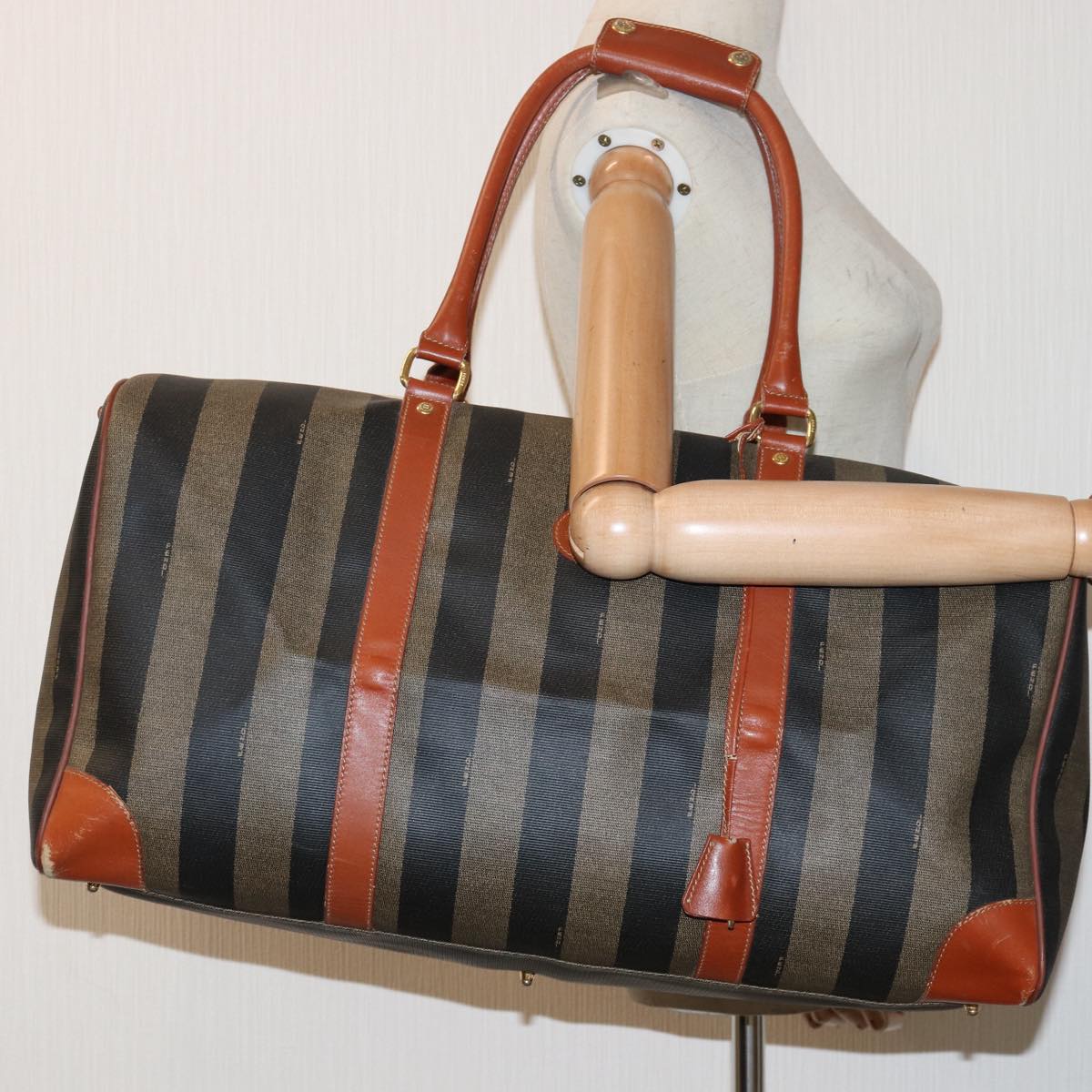 FENDI Pecan Canvas Boston Bag Brown Black yk13671