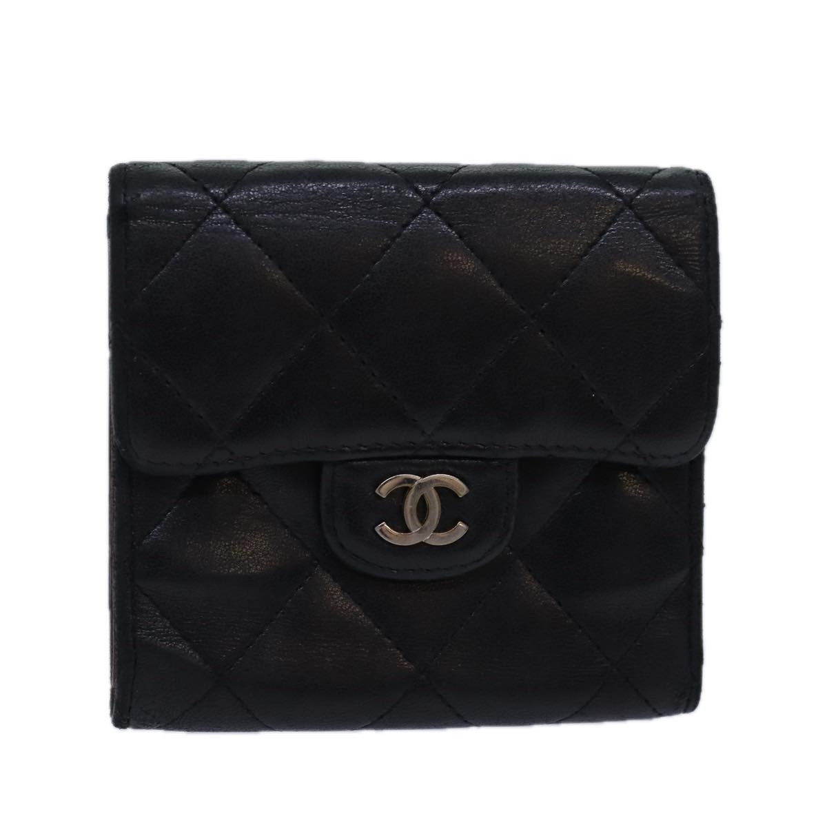 CHANEL Matelasse Compact Wallet Lamb Skin Black CC yk13810